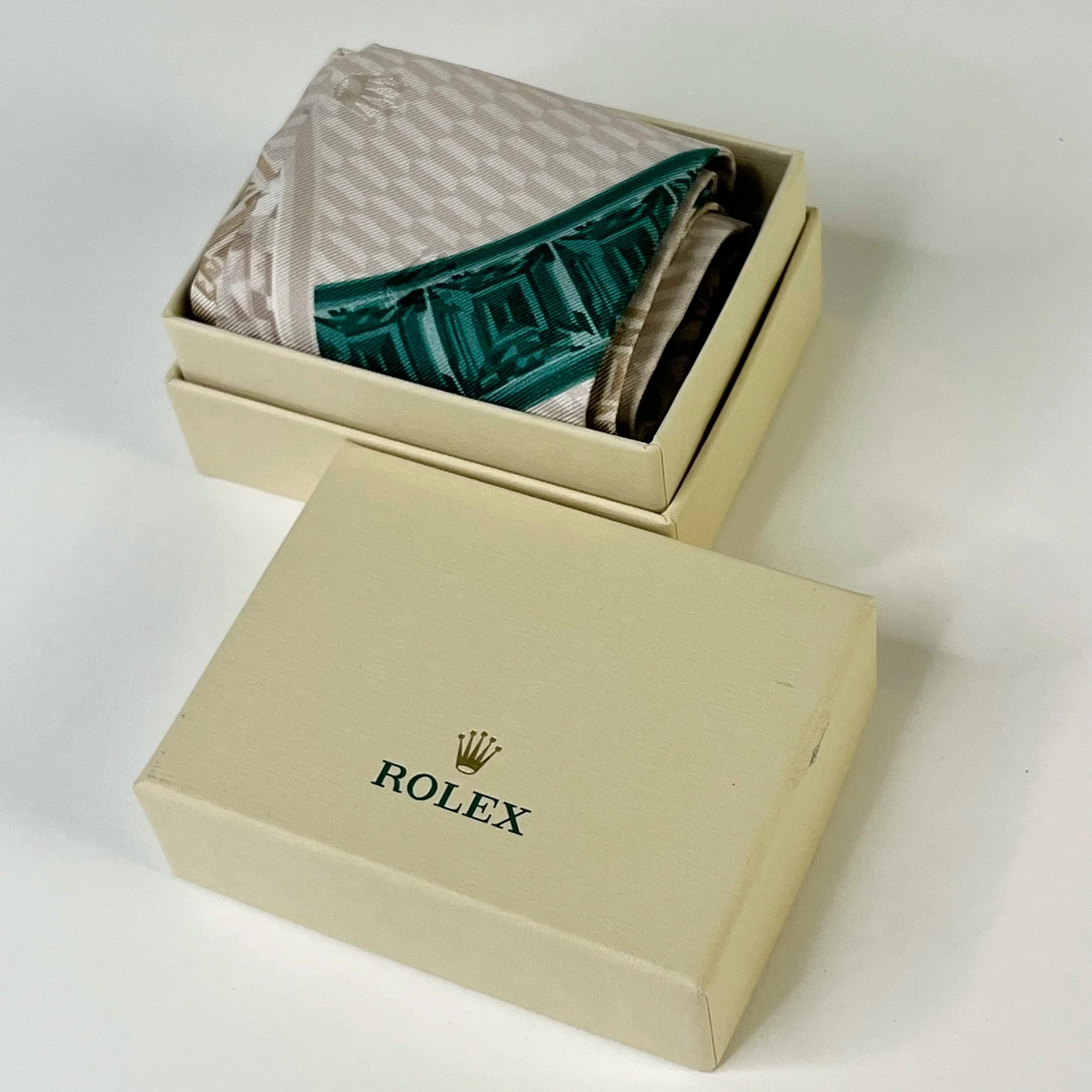 Rolex Silk Pocket Square Ivory Green with Original Box